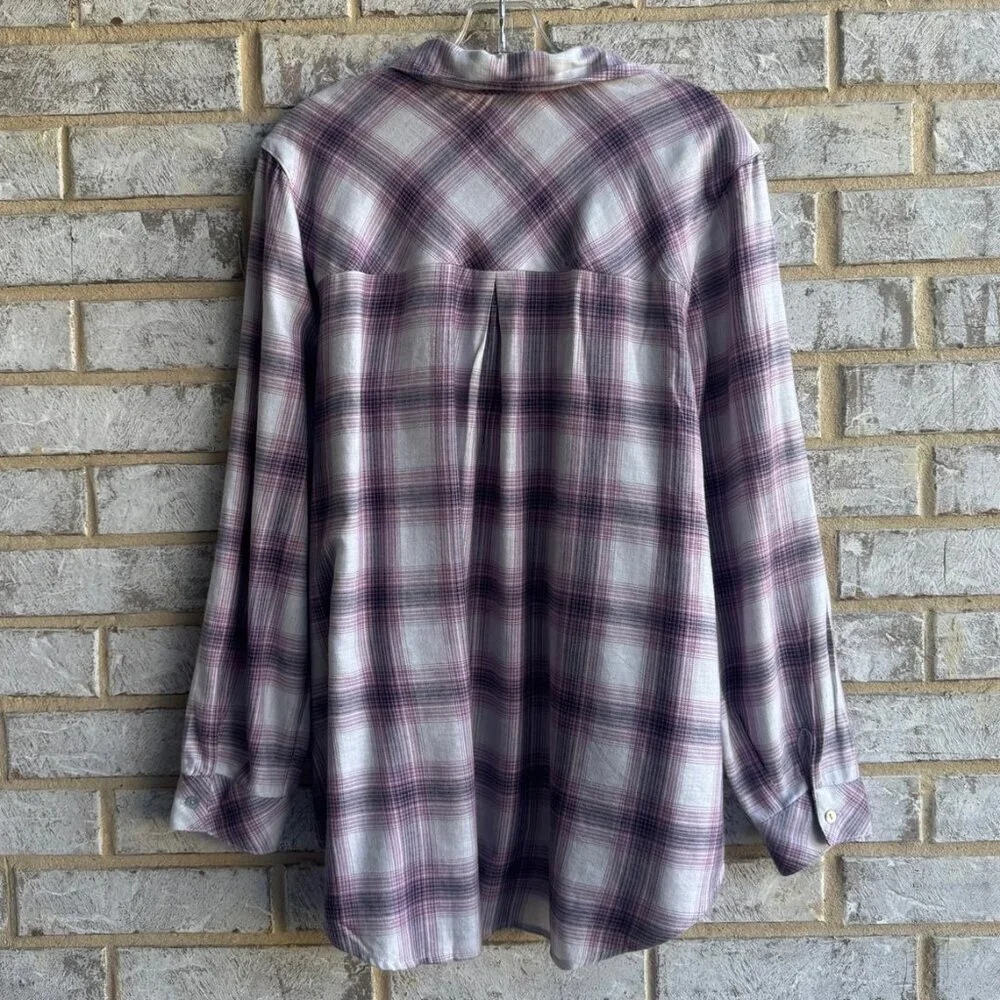 J. Jill Long Sleeve Split V-Neck Collared Plaid Shirt Women's Size XL